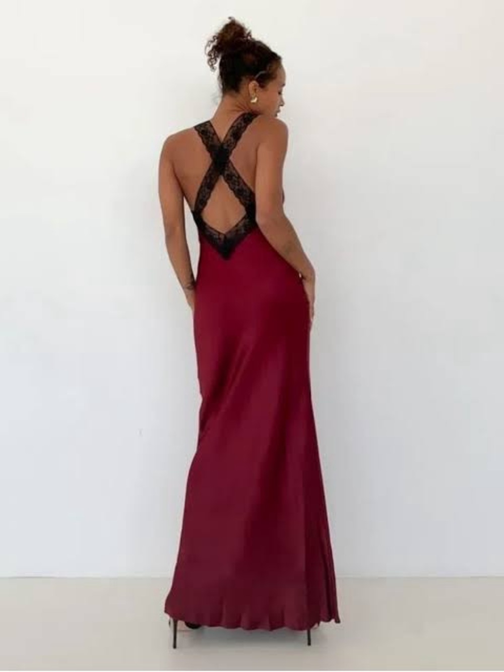 Rumored Burgundy Maxi Dress with Black Lace Cross Back